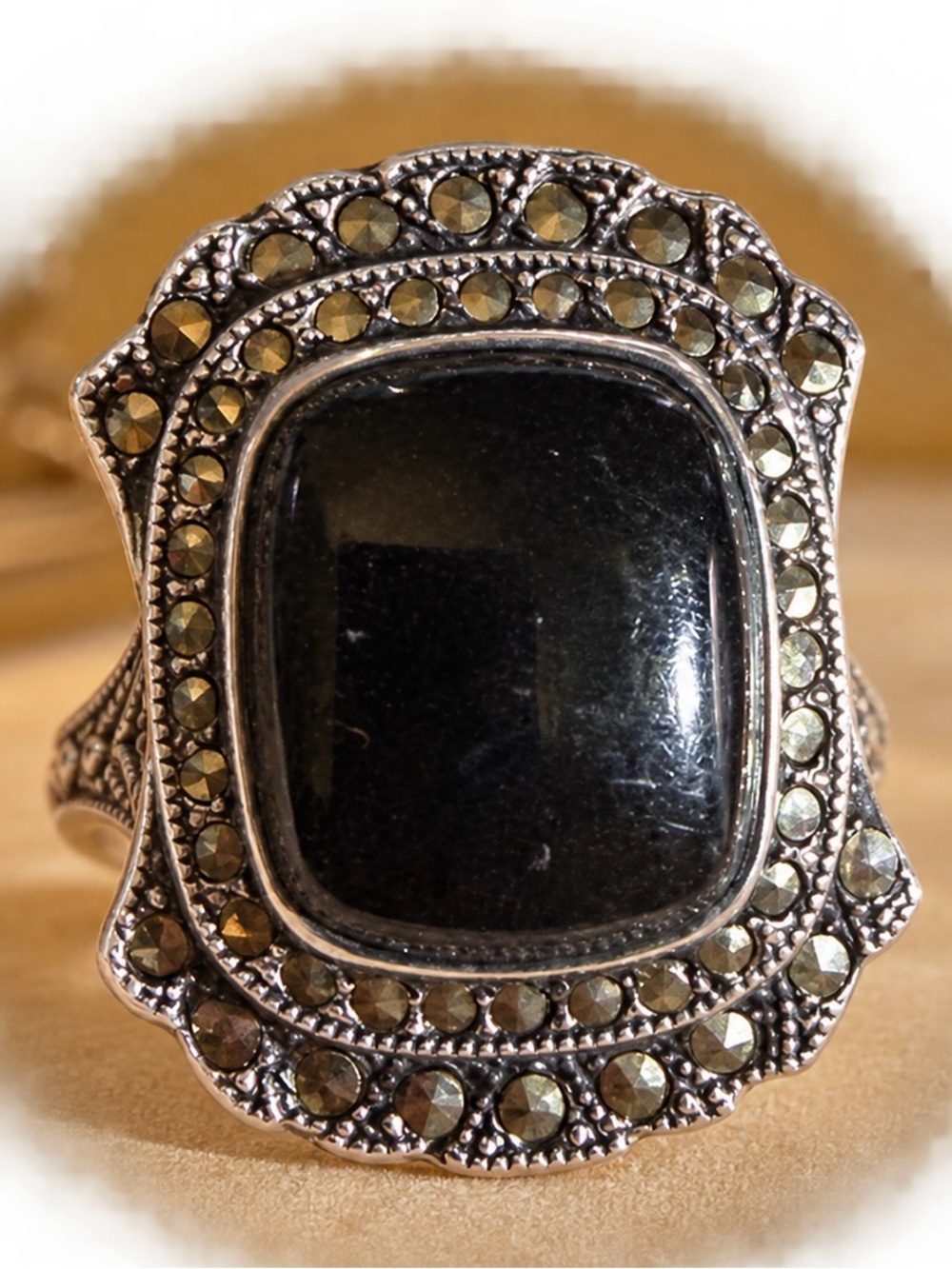 Antique Uncas Sterling Silver Onyx & Marcasite Ring Sz 4.75